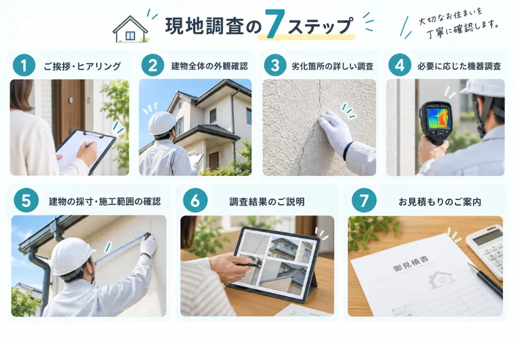 現地調査の7ステップ、大切なお住まいを丁寧に確認します。
