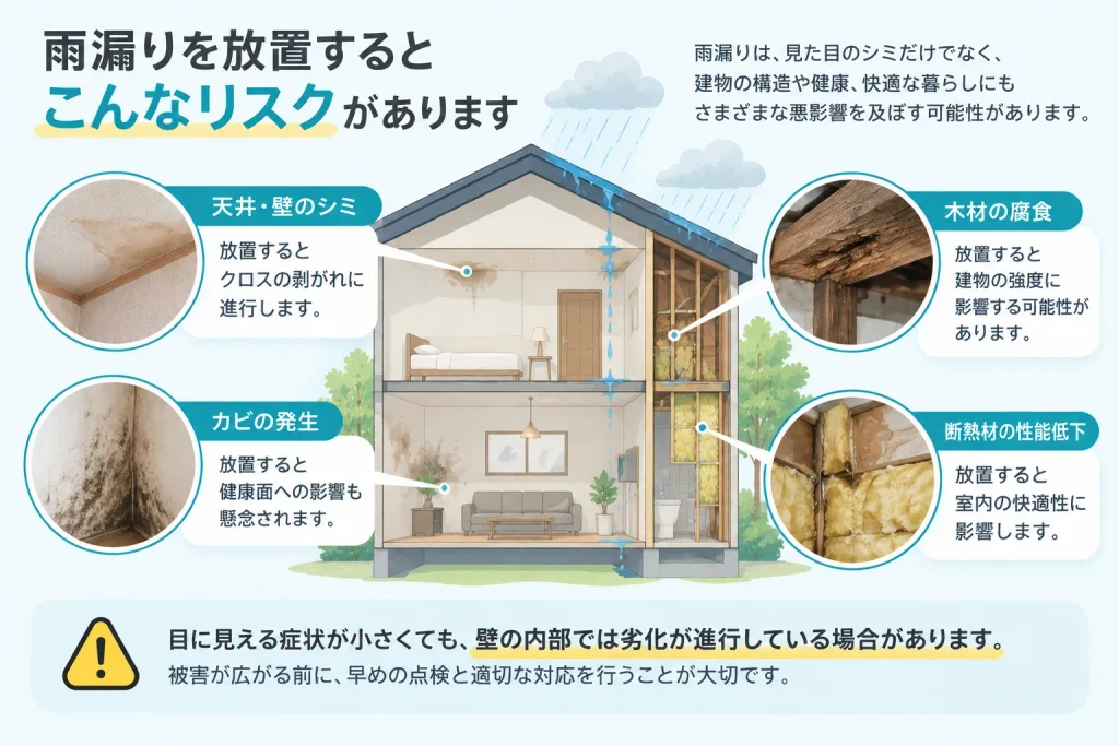 雨漏りを放置するとこんなリスクがあります。雨漏りは見た目のシミだけではなく建物の構造や健康、快適な暮らしにもさまざまな悪影響を及ぼす可能性があります。