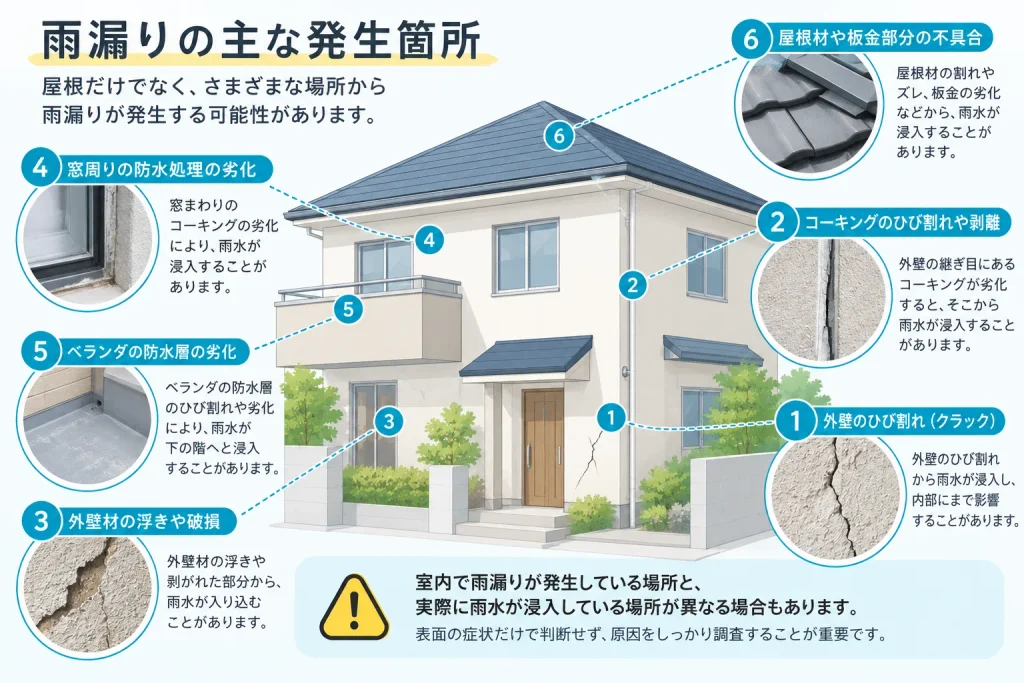 雨漏りの主な発生箇所：屋根だけではなく様々な場所から雨漏りが発生する可能性があります。