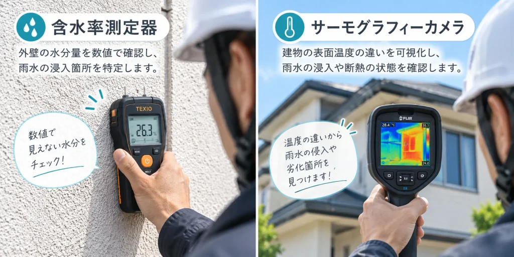 含水率測定機：外壁の水分量を数値で確認し、雨水の侵入箇所を特定します。数値で見えない水分をチェック！サーモグラフィーカメラ：建物の表面温度の違いを可視化し、雨水の侵入や断熱の状態を確認します。温度の違いから雨水の侵入や劣化箇所を見つけます！